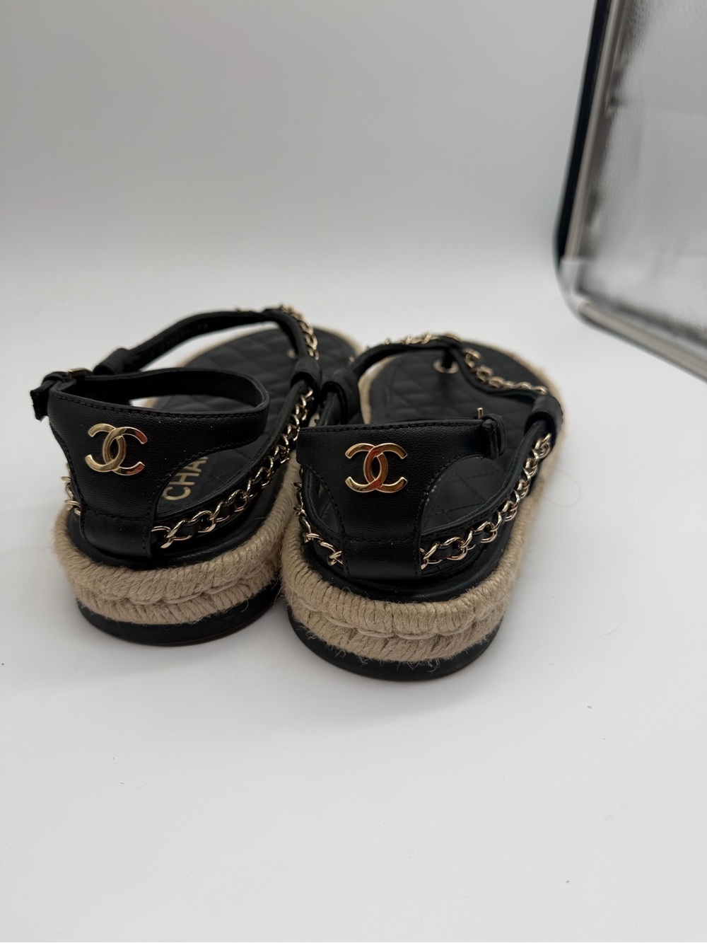 CHANEL Black Quilted Leather Chain Trim Espadrille Sandals Sz 38 - Picture 8 of 9